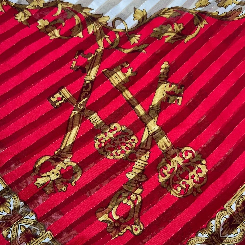Vintage Liz Claiborne Scarf Sheer Stripe Red Gold Skeleton Keys Script Baroque